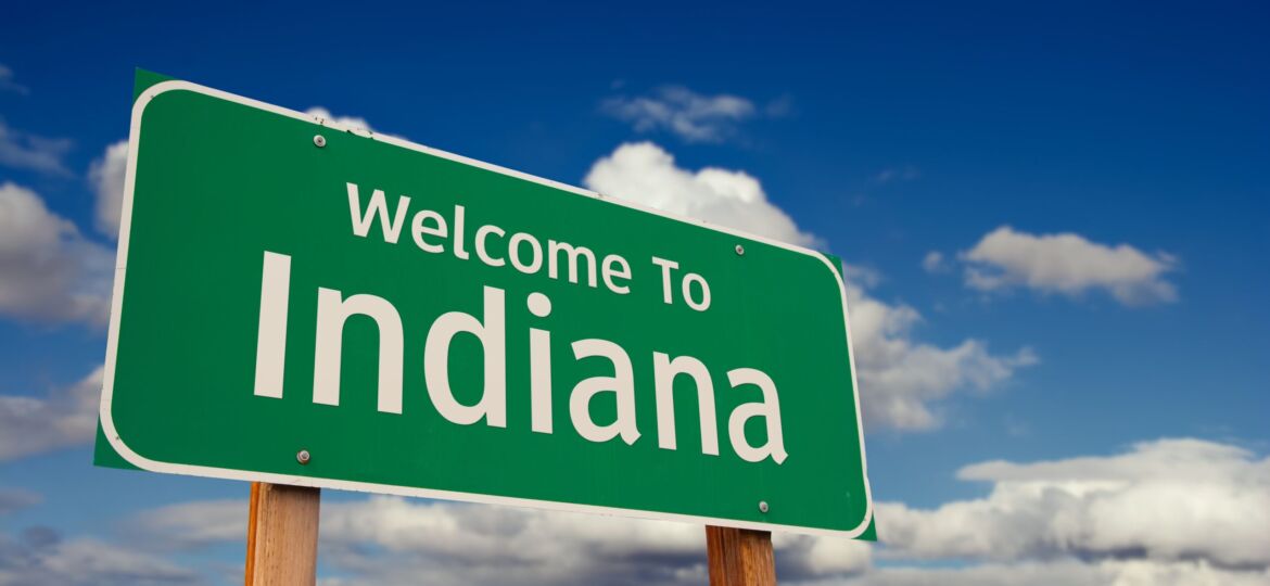 Welcome,To,Indiana,Green,Road,Sign,Over,Blue,Sky,With